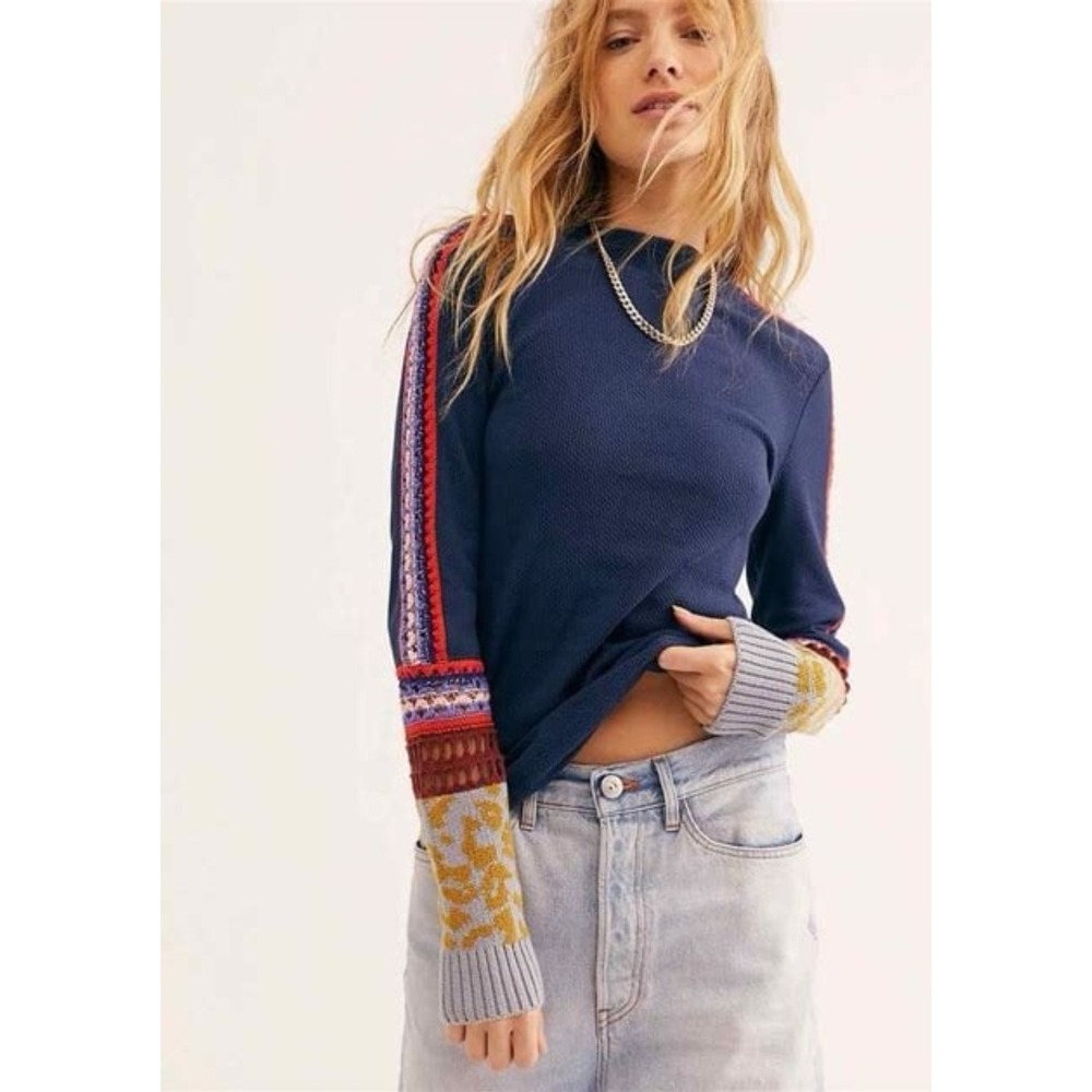 Free People Switch It Up Thermal Top Artsy Folk Navy Crochet Boho Eclectic XS
